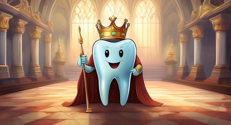 An animated tooth wearing a crown.